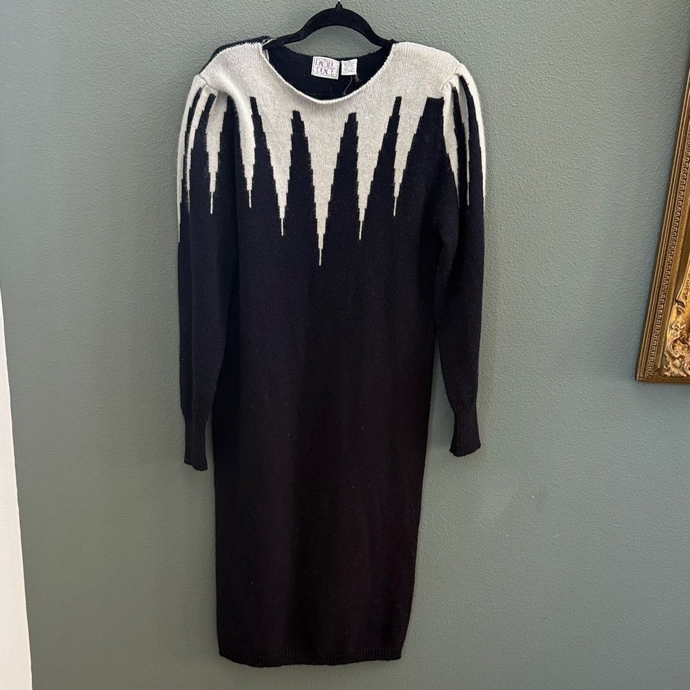 Vintage Art Deco Angora Sweater Dress Sz L 60s 70s